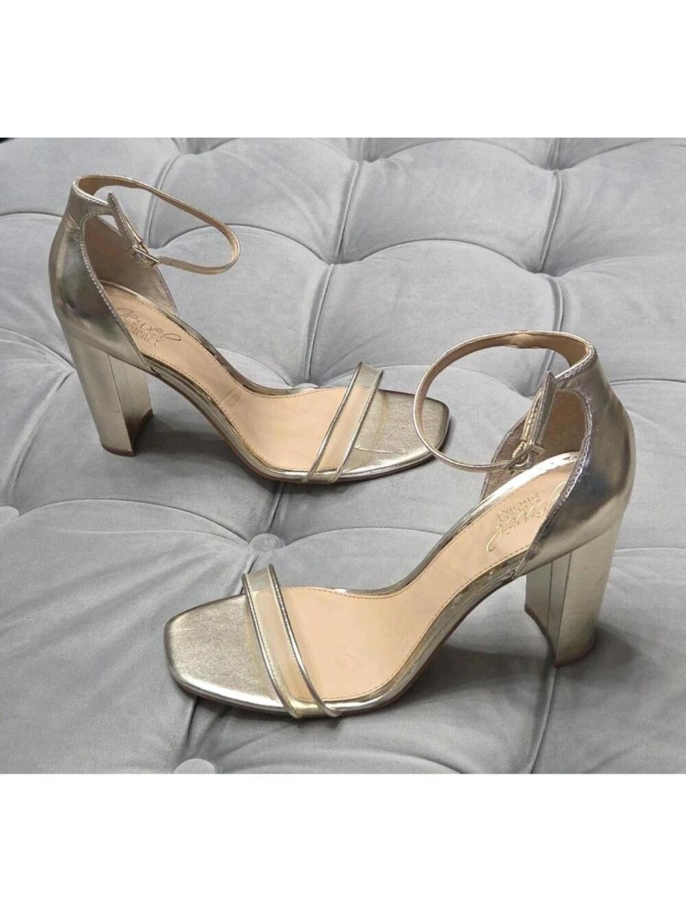 Jewel Badgley Mischka Gold Block Heels Slingback Sandals Womens Shoes 9.5 New